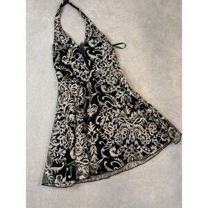 Speechless Dress Womens Medium Black Ivory Blouson Two Tone Faux Wrap Gold Zip